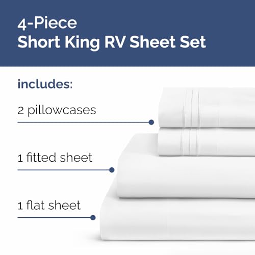 Image of RV Short King Bed Sheet Set, 72 inch x 75 inch - RV Short King Sheets - White | 8 inch to 12 inch Deep Pocket, Designed for RVs, Bunks, Trailers, Campers & Short RV King Mattresses, Fitted Sheets for RV Beds