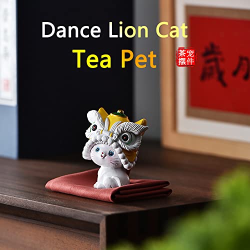 Chinese Style Lion Dance Cat Tea Pet Hand-made Cute Funny Resin Ornaments Tea Accessories Lazy Kung Fu Tea Sets For Tea Lovers Home Car Shelves Fengshui Decor (Yellow)