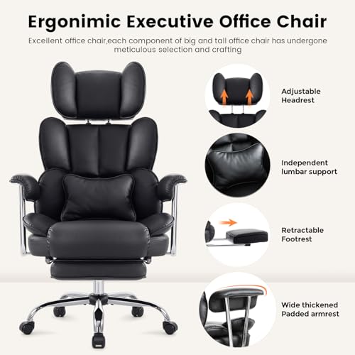 Big and Tall Office Chair with Foot Rest, PU Leather Desk Chair 400LBS,High Back Reclining Office Chair,Executive Managerial Chair with Armrests Lumbar Lifting Headrest (Black)