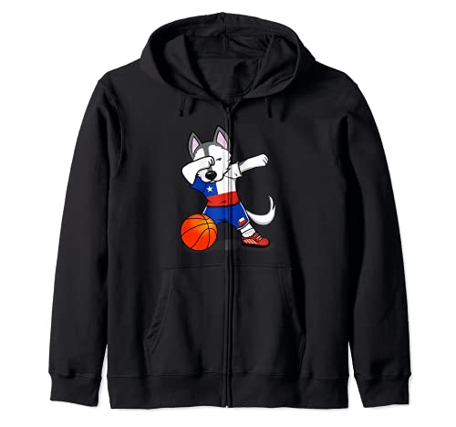 Dabbing Husky Dog Chile Basketball Fans Jersey Chilean Flag Zip Hoodie, Black