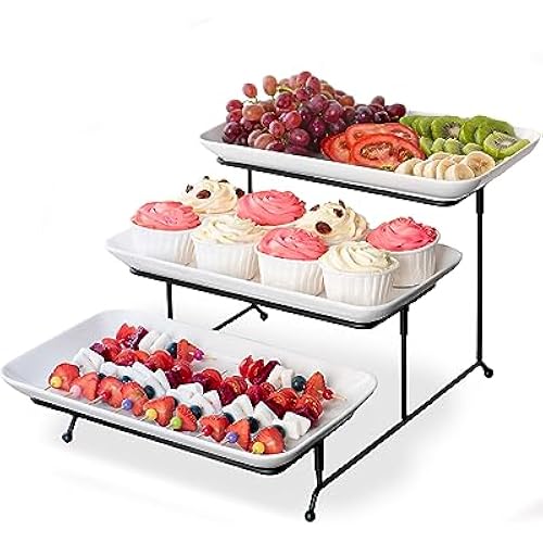 DELLING 3 Tier Serving Tray for Dessert Table Display, 12 Inch Porcelain Tiered Serving Stand - White Serving Platters for Party Entertaining, Collapsible Stand for Baby Shower Birthday Wedding