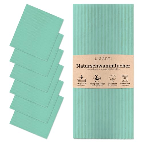 Ligarti Schwammtücher aus Holz (100% öko & waschbar) 6er Set Spültücher nachhaltig kompostierbar I Allzwecktücher für den Haushalt Made in Germany I Spüllappen kompostierbar (Minzgrün I 6Set)