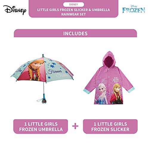 Image of Disney Girls Kids Umbrella and Slicker, Frozen Elsa and Anna Little Girl Rain Wear Set, For Ages 4-7