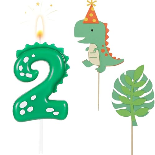Velas de aniversário 2 anos dinossauro, vela número 2, com 2 peças, Cake Topper dinossauros, decoração original para meninos e meninas e adultos, suprimentos para comemoração de aniversário