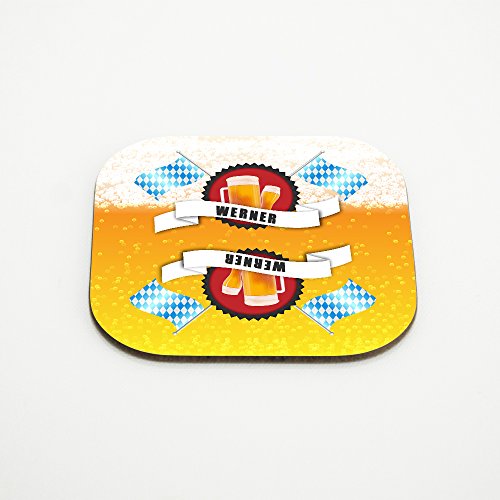 Untersetzer für Bier-Gläser mit Namen Werner & schönem Bier-Motiv mit weiss-blauen Flaggen