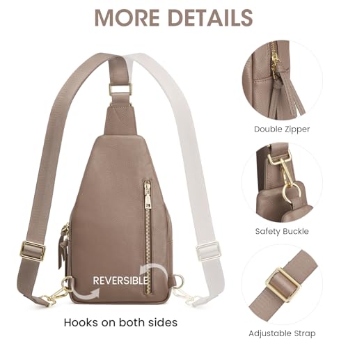 Image of Kattee Small Leather Sling Bag for Women with RFID Blocking,Khaki | Top grain pebbled leather with RFID blocking, multiple pockets, and a convertible strap for travel.