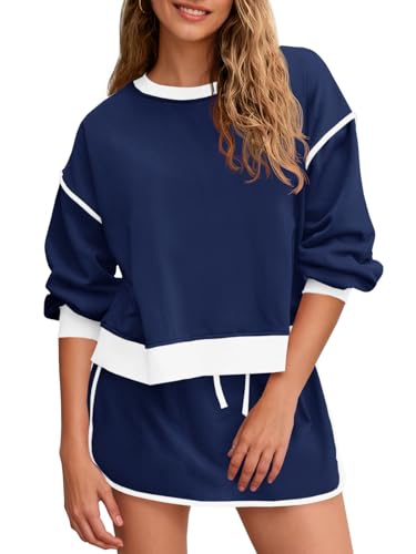 Fisoew Womens Sweatsuits 2 Piece Set Crewneck Sweatshirts High Waisted Skort Skirts Tennis Running Tracksuits Shorts Sets
