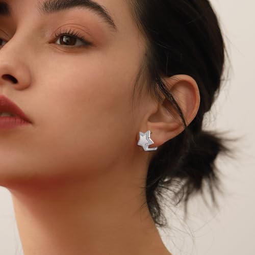 Silver Star Hoop Earrings for Teen Girls Women - Sterling Silver Double Sided Earrings Hypoallergenic Cubic Zirconia Star Earrings Double Star Loop Earrings Fashion Women's Earrings Gift for Christmas3