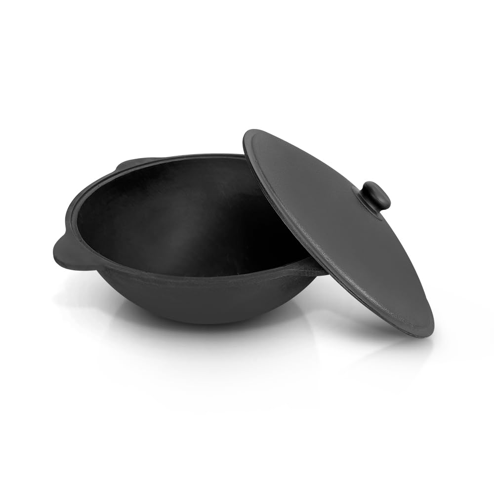 Gusseisen Kazan mit Deckel aus Aluminiumguss, flacher Boden,Usbekischer Topf, WOK, Kasan, Camping Topf, Feuerofen, BBQ Dutch Oven, Gulaschkanone, Schmortopf mit Deckel (6 L)