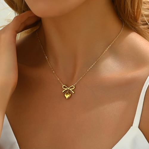 Gold Heart Bow Necklace for Women, 18K Gold Plated Dainty Tiny CZ Bow Bow with Pearl Pendant Necklace Trendy Jewelry Gifts4