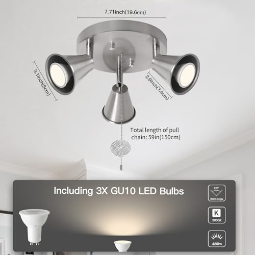 Image of 3-Light Industrial Directional Track Lighting with Pull Chain On /Off, Adjustable Round Ceiling Spotlight, Morden Nickel Flush Mount Kitchen Li