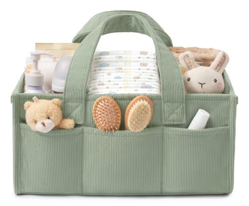 Image of Corduroy Baby Diaper Caddy Organizer with Handles, Nursery Storage Basket