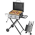 GREEN PARTY 2 Burner BBQ Propane Gas Griddle with Collapsible Stand, 18 Inch Portable Griddle with Side Table & 253 Sq. In. Cooking Area, Flat Top Gas Grill for Outdoor Cooking Garden Patio Backyard