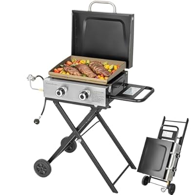GREEN PARTY 2 Burner BBQ Propane Gas Griddle with Collapsible Stand, 18 Inch Portable Griddle with Side Table & 253 Sq. In. Cooking Area, Flat Top Gas Grill for Outdoor Cooking Garden Patio Backyard