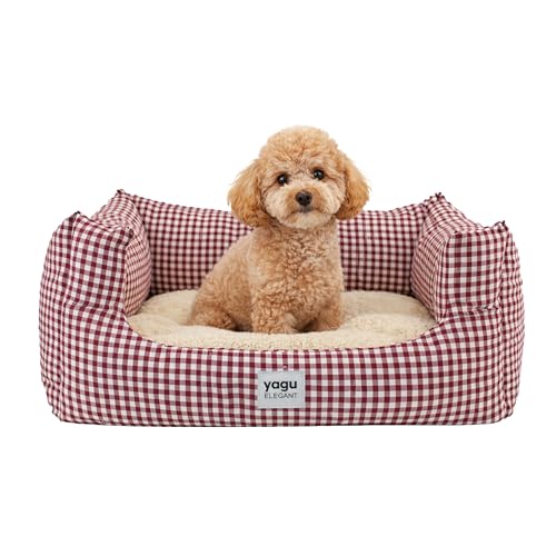 YAGU   Cama para Perros y Gatos T 1 (50x38x22 cm) Cama Confort Diseño Vichy Grana con Interior de Borreguillo Suave. Cojín Reversible, Relleno de Fibra Reciclada, Lavable y Base Antideslizante