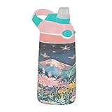 Sevdomey Borraccia per bambini con fiori selvatici con montagne con cannuccia, per ragazze e ragazzi, in acciaio inox, isolata a tenuta stagna, 480 ml, per scuola, asilo, viaggi, sport