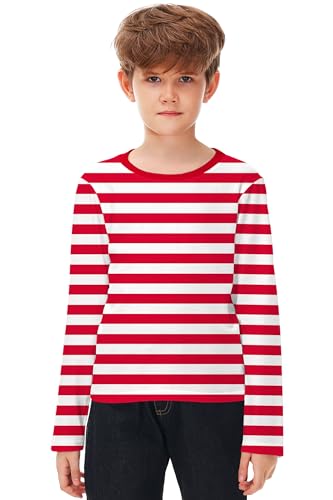Remimi Kids Striped Shirts Long Sleeve Boys Girls Crew Neck Holiday Tshirts 3-14 Years2
