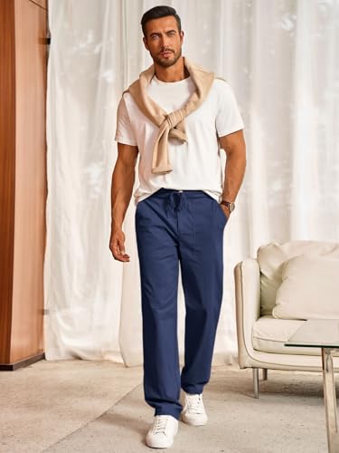 Runcati Mens Casual Linen Pants Drawstring Elastic Waist Trousers Lightweight Loose Fit Beach Pants4