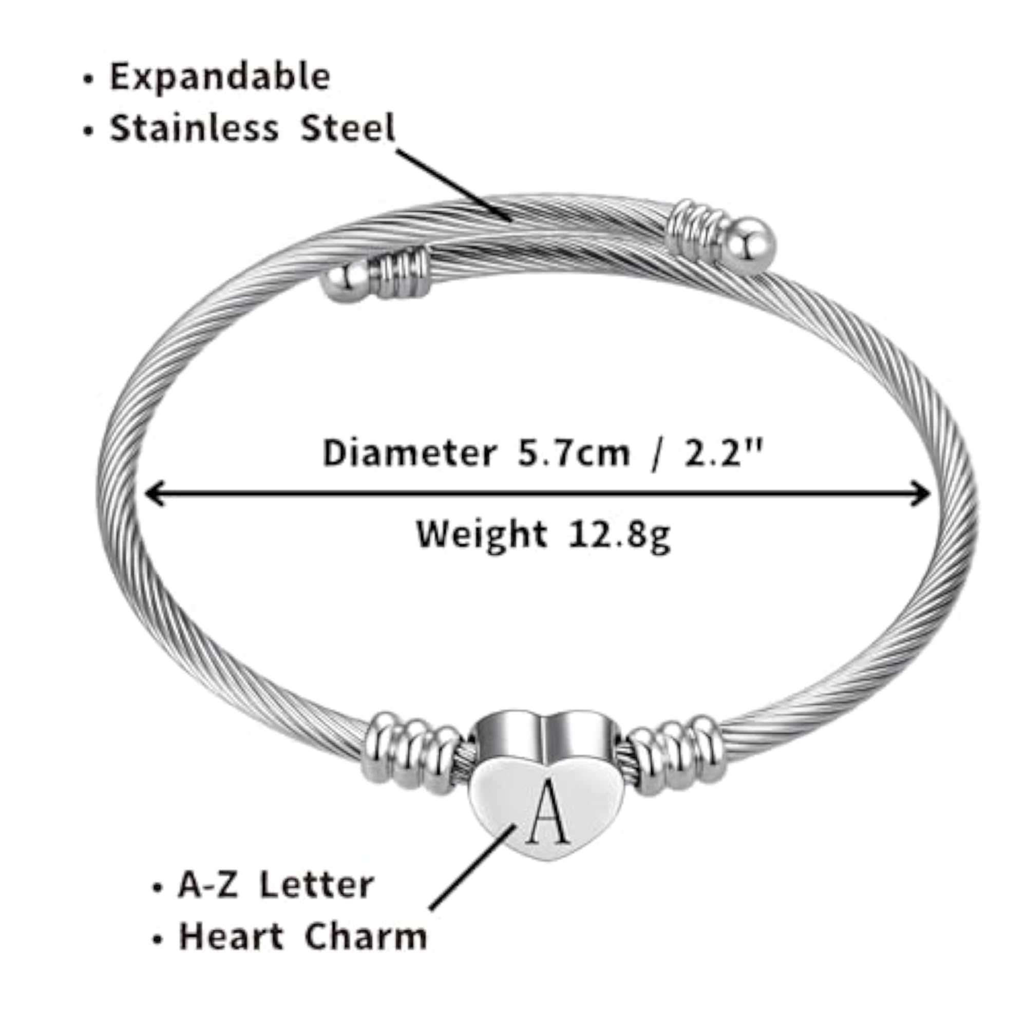 A-Z Initial Love Heart Silver Cuff Bracelet, Letter C
