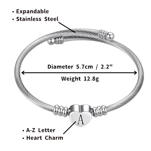Silver Initial Letter Cuff Bracelet Heart Bangle Bracelets Expandable Stainless Steel Personalized Jewelry for Women2
