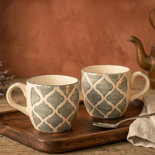 Image of HandPainted Ceramic Small Cups 12 Pcs Set | Cups for Tea,Coffee,Espresso | Beautiful Small coffee Mug Set | Ideal Gifting Option | Brown &Black Morrocon Pattern (Moonstone Grey Morrocon Pattern)