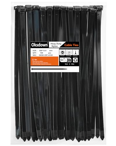 Oksdown 100 Pack Black Extra Thick Cable Ties Heavy Duty Large 300mm×12.0mm Strong Nylon Plastic Self Locking 12 inch/30 cm Zip Tie Wraps