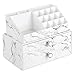 mDesign Decorative Plastic Makeup Organizers for Bathroom Vanity, Countertop, Cabinet - Stack for Vertical Storage - Easy-Access Cosmetic Storage with 2 Drawers, 16 Compartments - Set of 2 - Marble