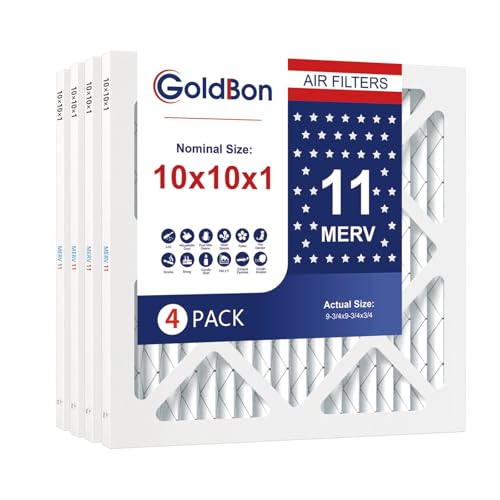 10x10x1 Air Filter 4 Pack MERV 11 MPR 1000 FPR 7- GoldBon AC Filter USA Design- Electrostatic Pleated Air Conditioner HVAC AC Furnace Filters for Pollen Smoke Pet Dander