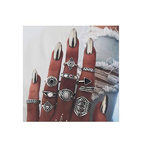 Edary Vintage Silver Ring Set Gemstone Knuckle Rings Crystal Finger Mid Rings Jewelry for Women and Girls(10PCS)