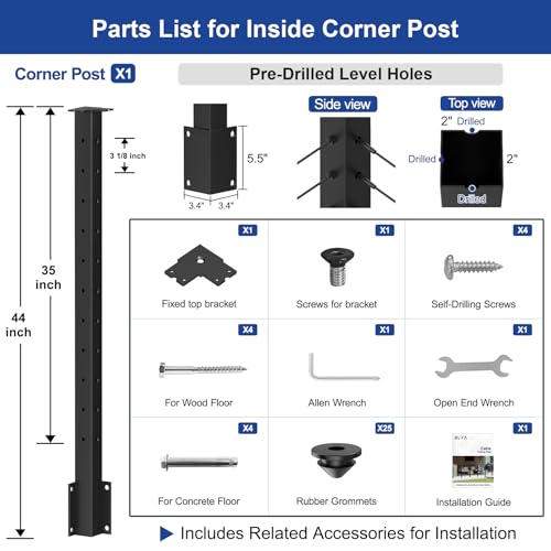Image of BLIKA 36 inch Side Mount Inside Corner Post, Stainless Steel, 3-Side Drilled Fascia Mount Post for Cable Railing Kit, Black Powder Coated Side Mount Inner Corner Post