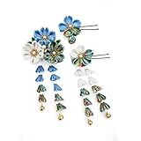 [JZOON] 髪飾り菊桜蝶 3点セット つまみ細工 成人式 七五三 浴衣 袴 着物 振袖 和装 花 卒業式 結婚式 鈴付き 手作り 赤 青 紫 ピンク 4色 菊 桜 蝶 全12選 青C