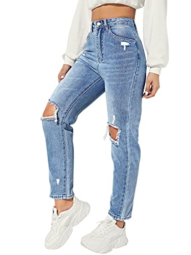 SweatyRocks Women's Ripped Boyfriend Jeans Distressed High Waist Silm Fit Denim Pants4