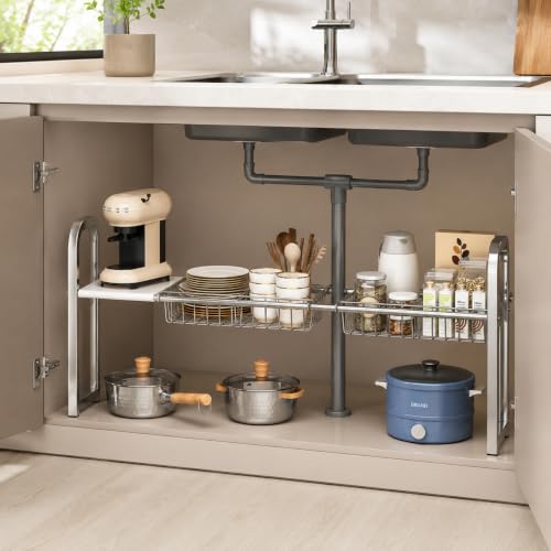 Organizador ajustable para debajo del fregadero, estante metálico independiente para almacenamiento en cocina y organizador para mueble inferior miniatura 2