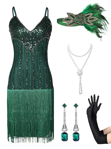 MTITE Women's Flapper Dresses 1920s,Great Gatsby Dresses Sequin Fringe Cocktail Dress Roaring 20s Dress for Harlem Nights (GREEN, M)