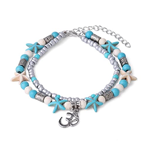 Pendentif Om pour femmes et perles étoile de mer sur une délicate chaîne de pied