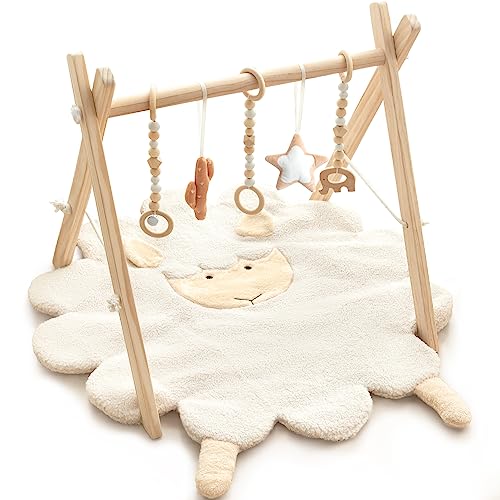 Image of Wooden Baby Gym with Sheep Mat, Infant Activity Gym Foldable Baby Play Gym Frame Activity Center Hanging Bar Newborn Gift, Beige/Cream