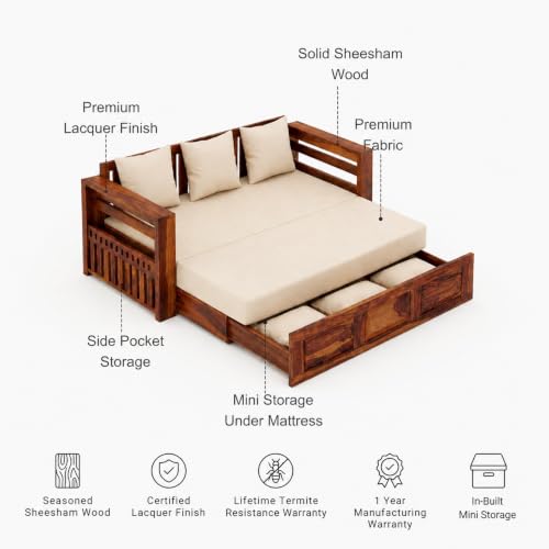Image of SONA ART & CRAFTS Regal Sheesham Wood 3 Seater Sofa Cum Bed | Wooden 3 Seater Sofa for Living Room Wooden Furniture Sofa Bed for Home (Natural Finish)