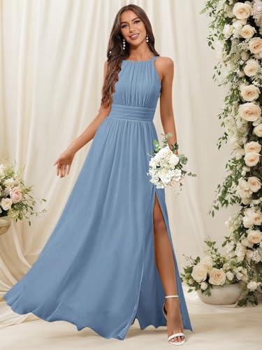Spaghetti Straps Bridesmaid Dresses for Women Chiffon Corset Long Formal Evening Dress with Slit3