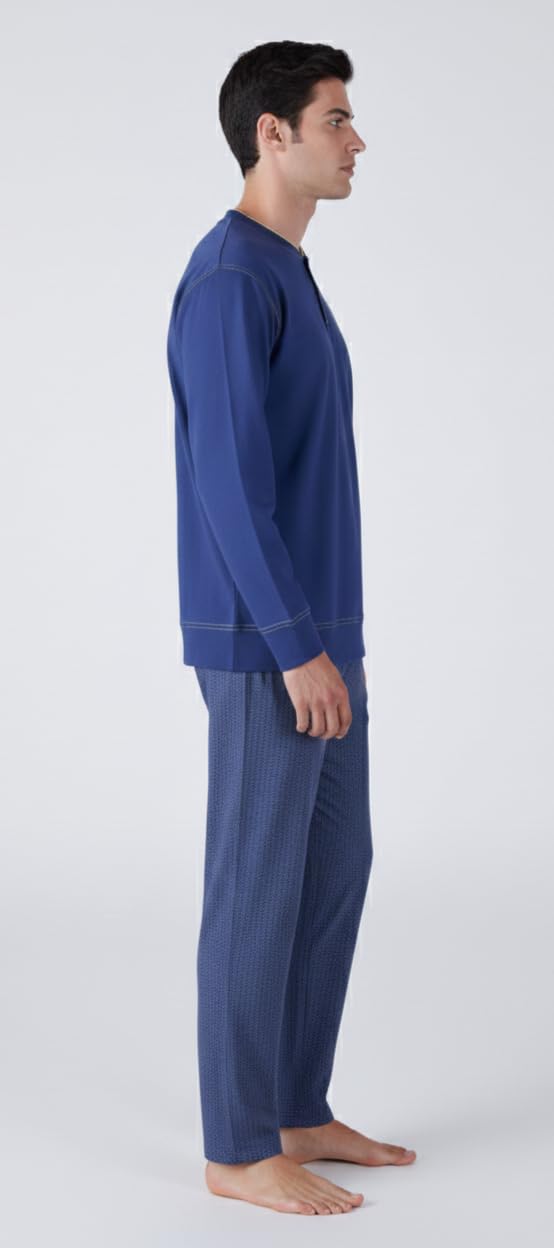 Schlafanzug für Herren, Baumwolle, lang, leicht, für den Sommer, langer zweiteiliger Pyjama aus 100% frischer Baumwolle