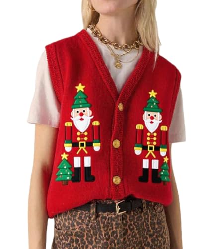 Image of Women Christmas Knit Vest Top Santa Embroidery Sleeveless Button Down Sweater Vest Xmas Snowman Cardigans Tank Top