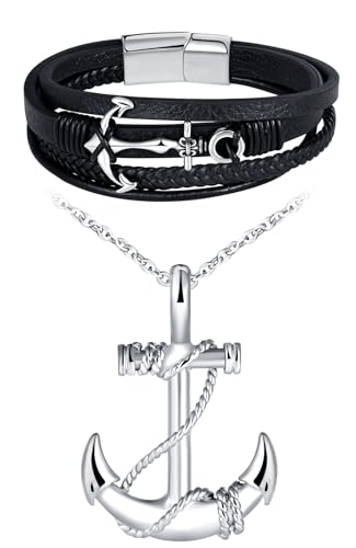 INFINIONLY Colliers Pendentif Ancre Mode en Acier Inoxydable Hommes Garçons Fashion Bracelets Noir Tressé en Cuir Multicouche de Ancre pour Adolescents...