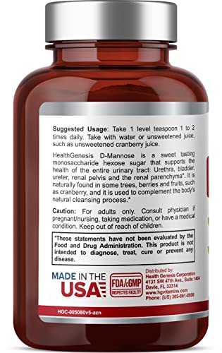 Health Genesis D-Mannose Pure Powder 2000 mg 3 oz 85 g - Supports Urinary Bladder Tract Health