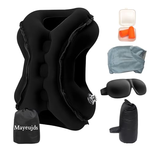 旅行枕、新しいアップグレード飛行機の枕、飛行機枕の両端の大きさの頭の設計は首筋を完璧に支持し、空気入れバッグ、眼帯、耳栓と枕カバーを取り外しやすく、2種類の空気入れ方式、携帯に便利で、旅行、出張中の多種のシーンの睡眠に適している (ブラック)