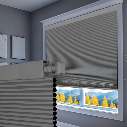 Luxevoir Panoramix No Drill No Tools Blackout Window Cover,Cordless Honeycomb Blinds,Window Shades Blinds for Indoor Windows,Easy to Install Cellular Shade,Blackout Light Gray,34.5