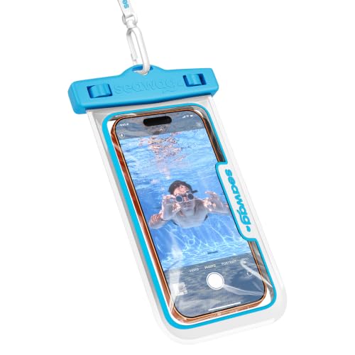 SEAWAG Next Pochette Étanche Smartphone, Sac Étanche IPX8 pour iPhone 16 15 14 & Samsung Galaxy S25 — Écran Tactile, Tour de Cou, Plage Piscine Plongée, Bleu/Blanc, Lot de 1
