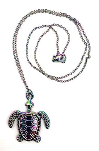 Smiling Wisdom - Sea Turtle Pendant Animal Necklace, Electroplated Rainbow Color - 18 inch Stainless Steel - Women