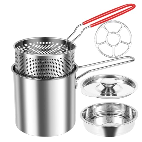 Panela de fritadeira com cesta, frigideira de aço inoxidável com cesta de filtro e alça, cesta de fritadeira de peru sem revestimento, panela de fritura funda para fritar frango, peixe, camarão e
