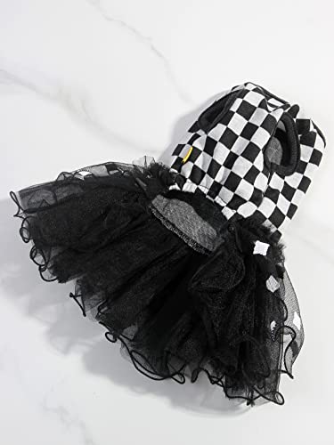 Qwinee Checkerboard Print Bow Decor Pet Dress Cat Dog Mesh Princess Dress Cute Puppy Dresses Pet Party Birthday Costume For Small Medium Large Girl Cats Dogs Kitten Black And White Xx-Large #TOP4