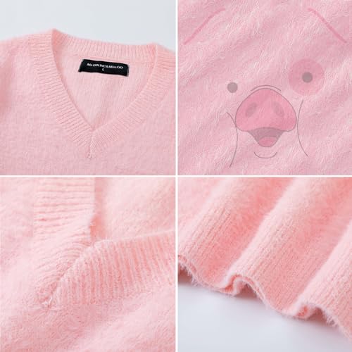 Pull tricoté ample pour hommes avec imprimé cochon graphique blanc - 3