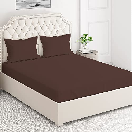 Image of Layers 100% Cotton 144TC Elastic Fitted Bedsheet for Double Bed King Size with 2 Pillow Covers, (Dark Brown, Solid Pattern), All Round Elastic, Moisture Absorbent, Skin Friendly - Be Bold Collection